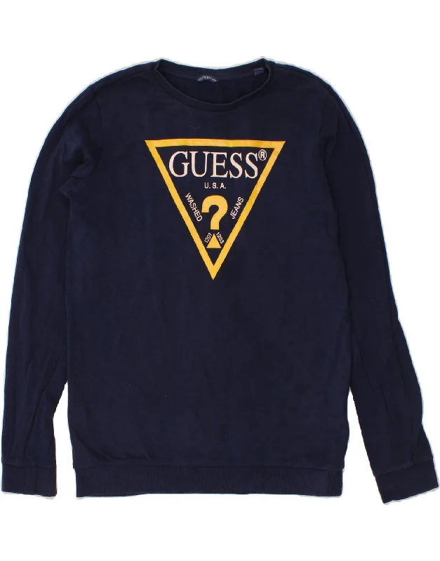 GUESS Womens Graphic Sweatshirt Jumper UK 18 XL  Navy Blue Hoodie with Exposed Zipper Edgy Industrial