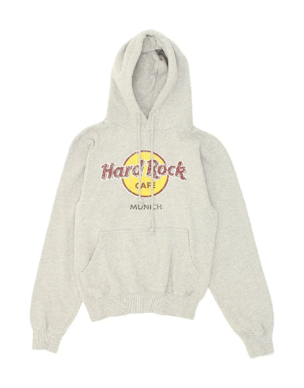 HARD ROCK CAFE Womens Munich Graphic Hoodie Jumper UK 10 Small Grey Cotton Hoodie with Cuffed Sleeves Snug Secure