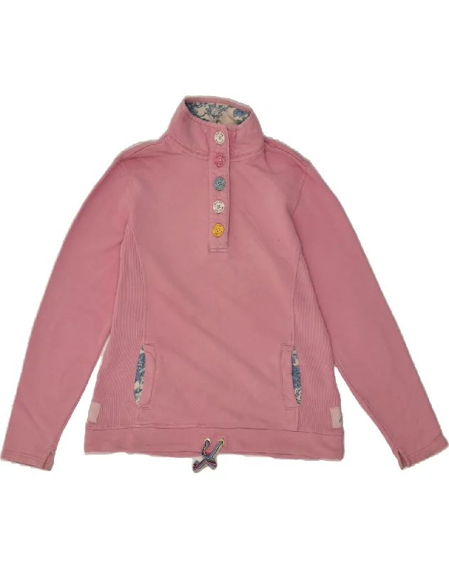 JOULES Womens Button Neck Sweatshirt Jumper UK 10 Small  Pink Cotton Hoodie with Embroidery Detailed Premium