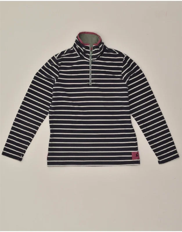 JOULES Womens Zip Neck Sweatshirt Jumper UK 12 Medium  Navy Blue Striped Hoodie with Strings Custom Fit Adjustable