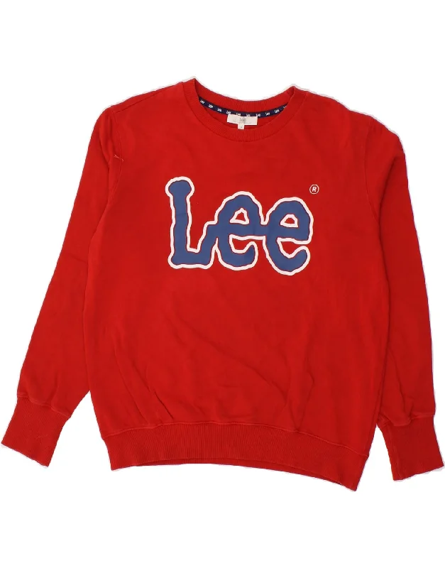 LEE Womens Graphic Sweatshirt Jumper UK 14 Medium Red Cotton Hoodie with Side Slits Relaxed Casual