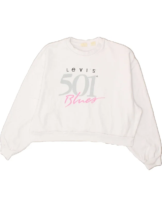 LEVI'S Womens Graphic Crop Sweatshirt Jumper UK 16 Large White Cotton Hoodie with Gradient Ombre Colorful