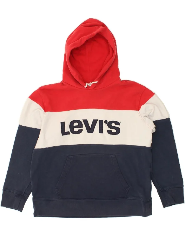 LEVI'S Womens Graphic Hoodie Jumper UK 16 Large Navy Blue Colourblock Hoodie with Pattern Geometric Abstract