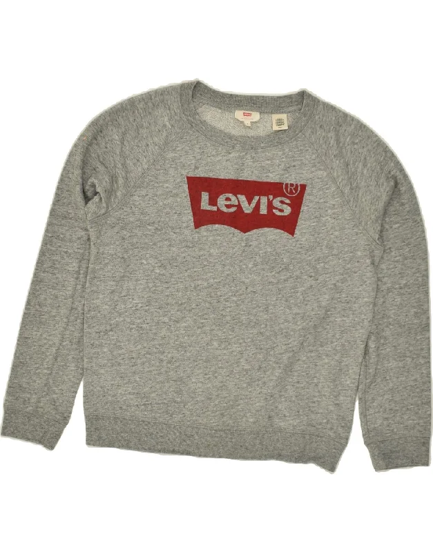 LEVI'S Womens Graphic Sweatshirt Jumper UK 10 Small Grey Cotton Hoodie with Velcro Closure Adjustable Secure