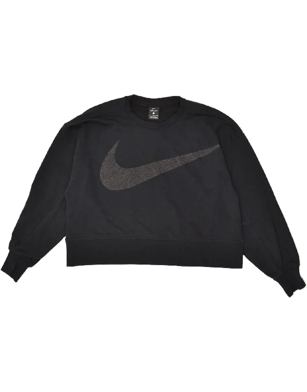 NIKE Womens Crop Graphic Sweatshirt Jumper UK 10 Small Black Hoodie with Monochrome Minimalist Simple