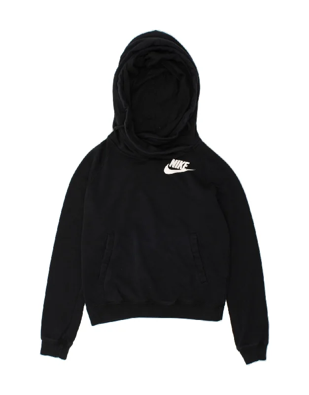 NIKE Womens Crop Hoodie Jumper UK 10 Small Black Hoodie with Stripes Bold Sporty