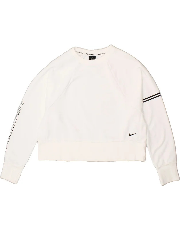 NIKE Womens Dri Fit Crop Graphic Sweatshirt Jumper UK 14 Medium White Hoodie with Hem Lace Feminine Delicate