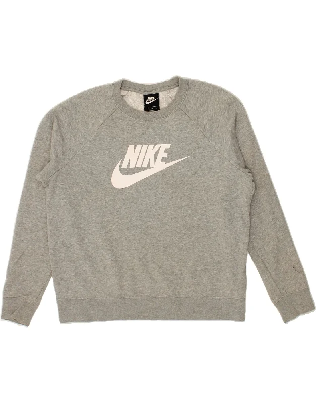 NIKE Womens Graphic Sweatshirt Jumper UK 14 Medium Grey Cotton Hoodie with High Neck Warm Protective