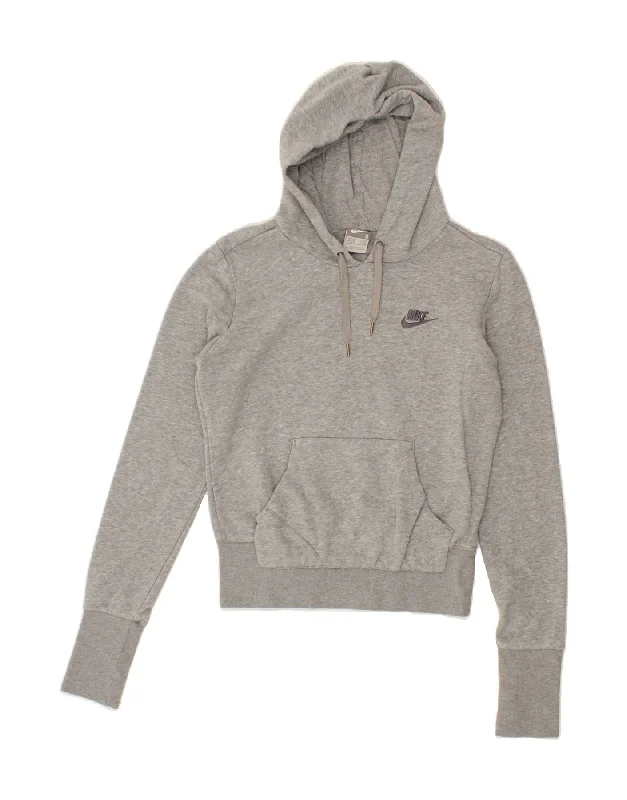 NIKE Womens Hoodie Jumper UK 10 Small Grey Cotton Hoodie with Set-In Sleeves Structured Classic