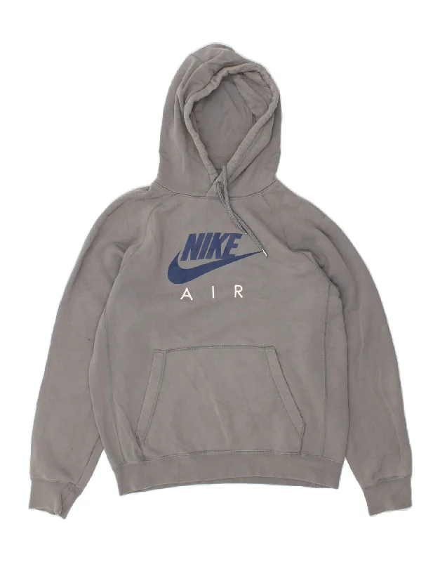 NIKE Womens Oversized Graphic Hoodie Jumper UK 10 Small Grey Cotton Hoodie with Hem Elastic Stretchable Comfortable