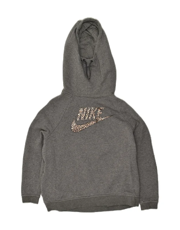 NIKE Womens Oversized Graphic Hoodie Jumper UK 18 XL Grey Cotton Hoodie with Ribbed Neckline Snug Warm