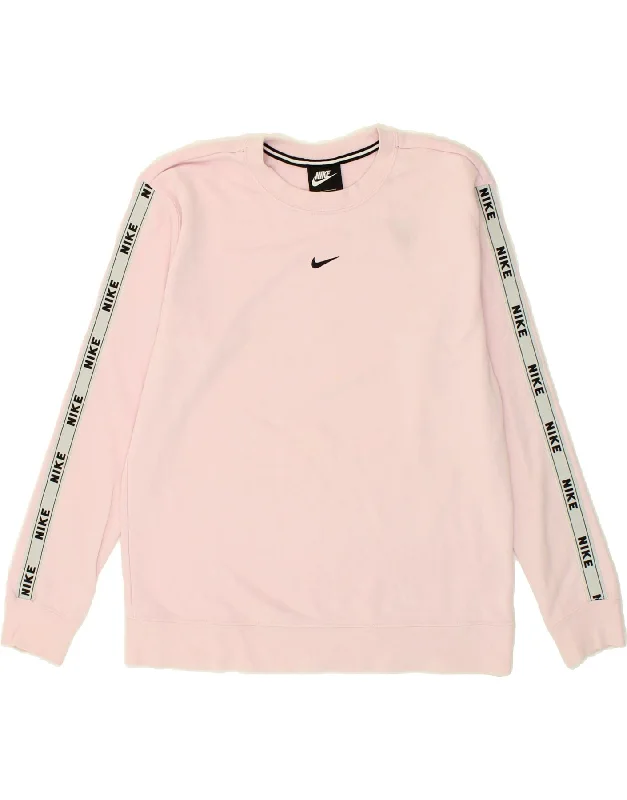 NIKE Womens Oversized Graphic Sweatshirt Jumper UK 10 Small Pink Cotton Hoodie with V-Neck Classic Versatile