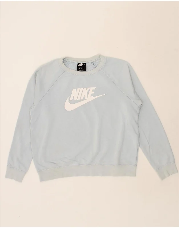 NIKE Womens Oversized Graphic Sweatshirt Jumper UK 14 Medium Blue Cotton Hoodie with Zipper Placket Modern Functional