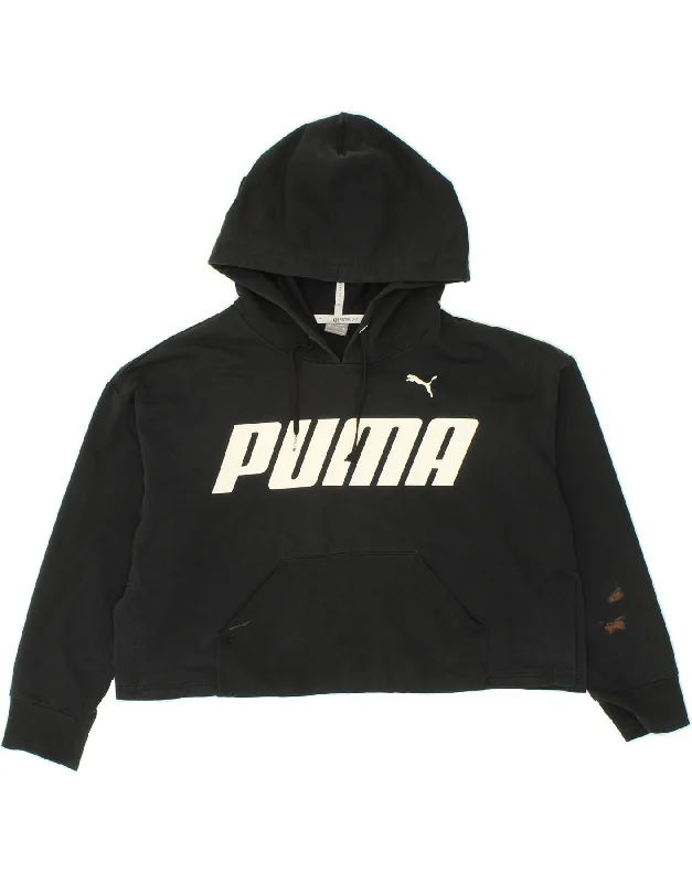 PUMA Womens Crop Graphic Hoodie Jumper UK 16 Large Black Cotton Hoodie with Belted Waist Structured Tailored