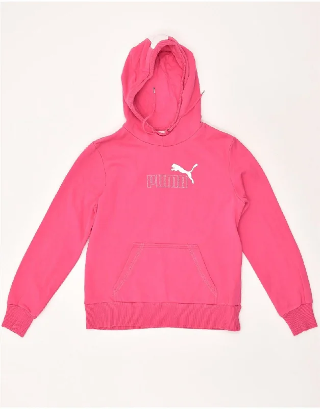 PUMA Womens Graphic Hoodie Jumper UK 14 Large Pink Cotton Hoodie with Frayed Bohemian Relaxed