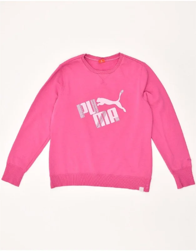 PUMA Womens Graphic Sweatshirt Jumper UK 14 Large Pink Hoodie with Distressed Vintage Worn