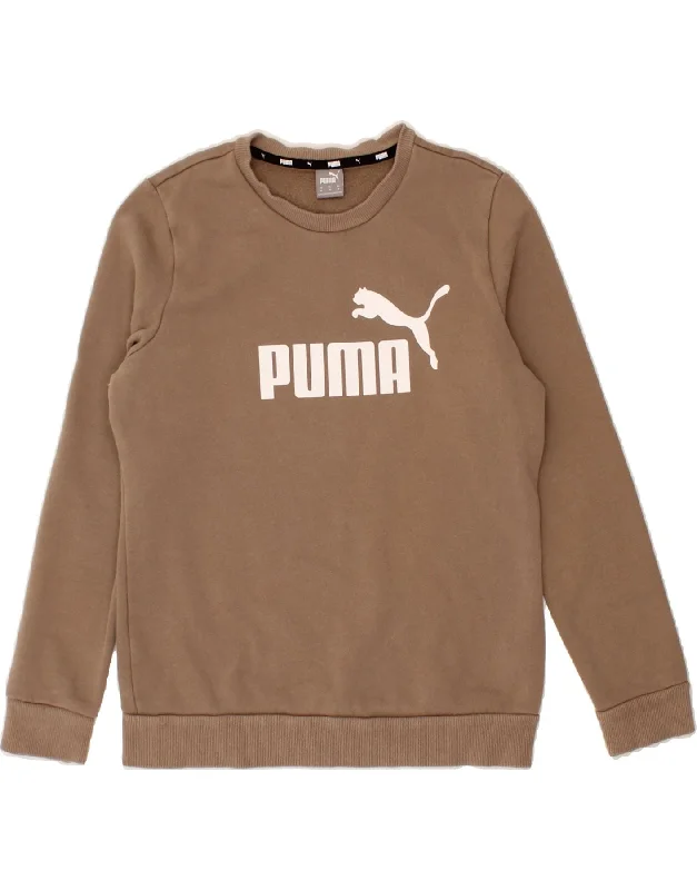 PUMA Womens Graphic Sweatshirt Jumper UK 14 Medium Brown Hoodie with Puffed Sleeves Voluminous Trendy