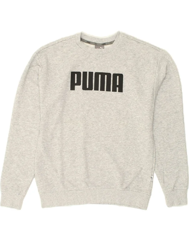 PUMA Womens Oversized Graphic Sweatshirt Jumper UK 10 Small Grey Hoodie with Hem Raw Edge Edgy Unfinished