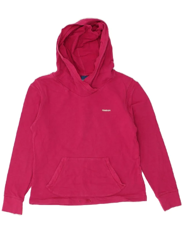 REEBOK Womens Hoodie Jumper UK 12 Medium Pink Cotton Hoodie with Hem Elastic Stretchable Comfortable