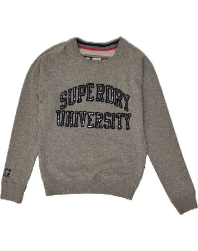 SUPERDRY Womens Graphic Sweatshirt Jumper UK 6 XS  Grey Flecked Polyester Graphic Hoodie Design Print