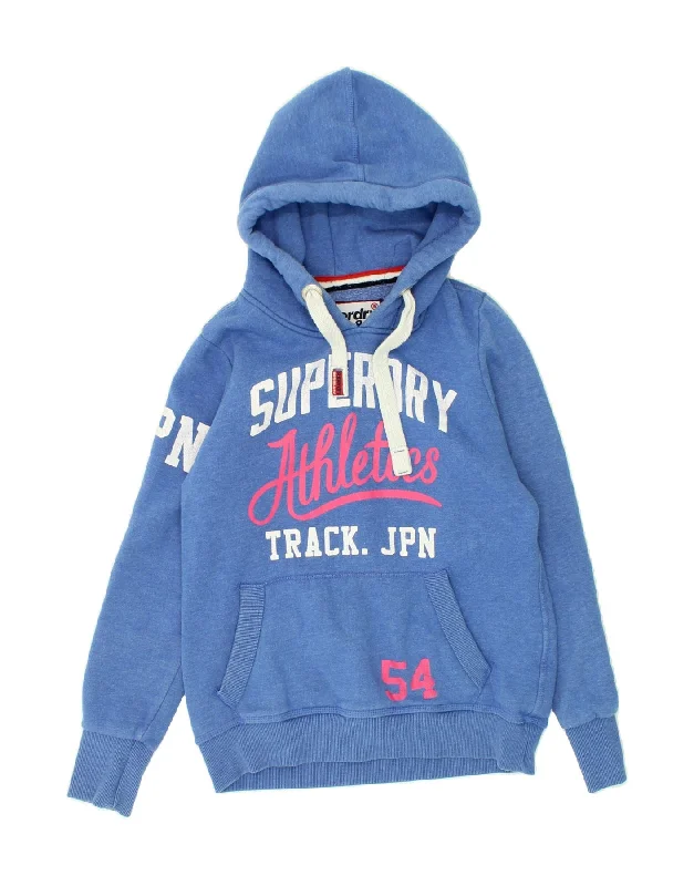 SUPERDRY Womens Track & Field Graphic Hoodie Jumper UK 14 Large Blue Hoodie with Elastic Waist Stretchable Comfortable