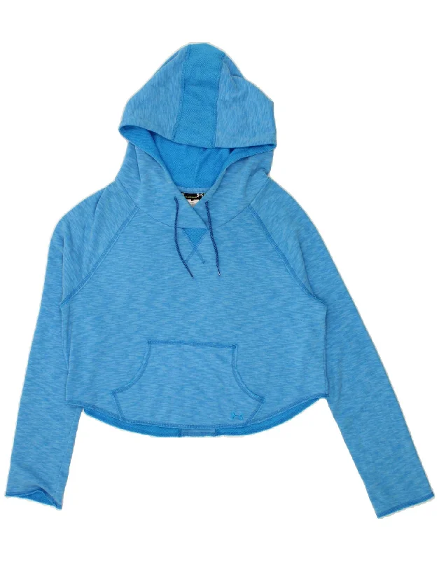 UNDER ARMOUR Womens Oversized Crop Hoodie Jumper UK 14 Medium Blue Hoodie with Mock Neck Collared Structured