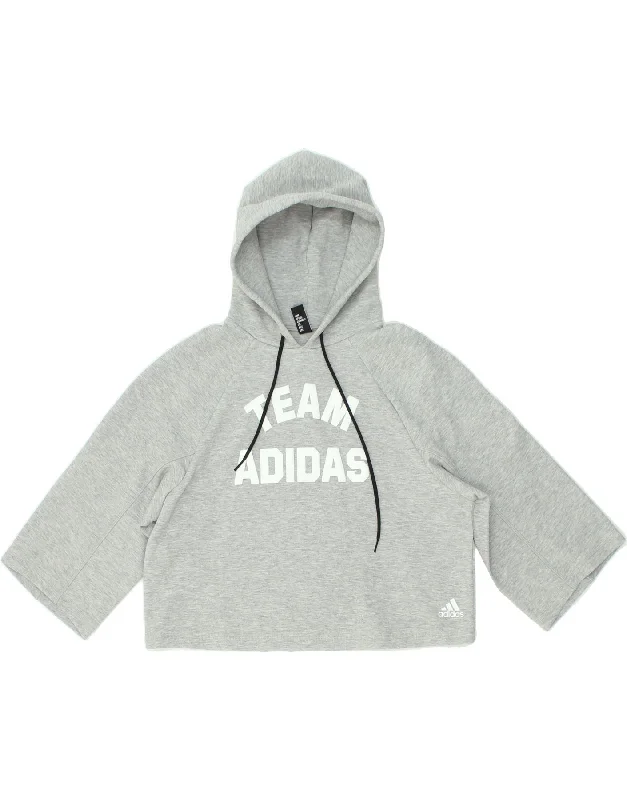 ADIDAS Womens Crop Graphic Hoodie Jumper UK 8/10 Small Grey Cotton Hoodie with Raw Hem Edgy Unfinished