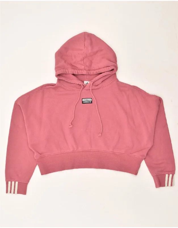 ADIDAS Womens Crop Hoodie Jumper UK 16 Large Pink Cotton Hoodie with Hem Raw Edge Edgy Unfinished