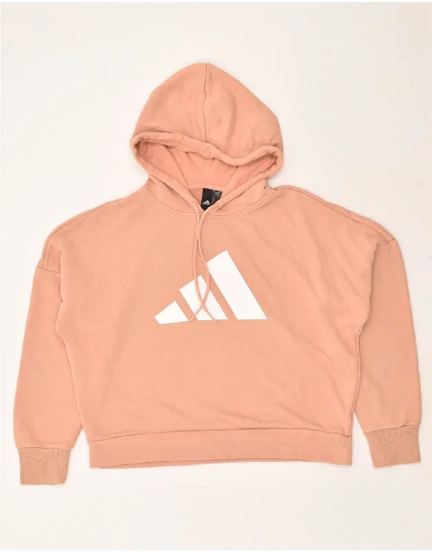 ADIDAS Womens Graphic Crop Hoodie Jumper UK 8/10 Small Orange Cotton Hoodie with High Neck Warm Protective