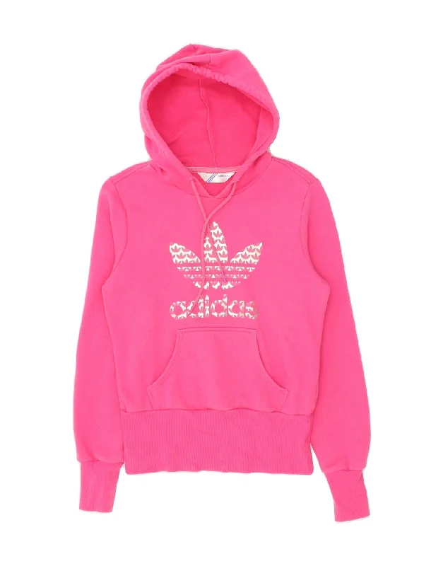 ADIDAS Womens Graphic Hoodie Jumper IT 38 XS Pink Cotton Hoodie with Neon Bright Vibrant