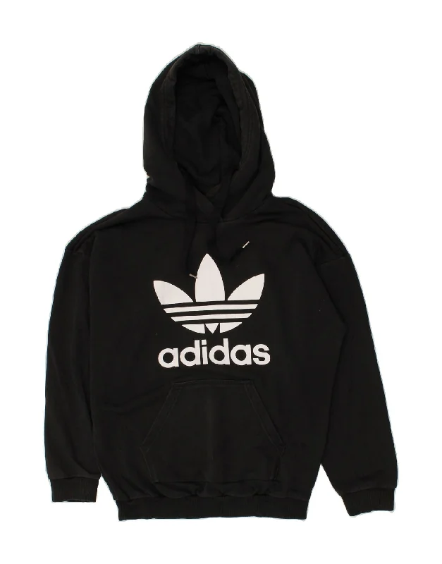 ADIDAS Womens Graphic Hoodie Jumper UK 10 Small  Black Cotton Hoodie with Patch Decorative Personalized