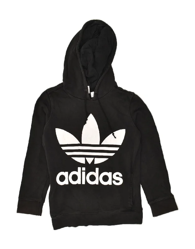 ADIDAS Womens Graphic Hoodie Jumper UK 10 Small Black Cotton Oversized Hoodie Comfort Casual