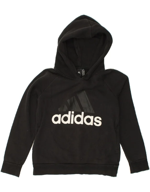 ADIDAS Womens Graphic Hoodie Jumper UK 12/14 Medium Black Cotton Hoodie with Distressed Vintage Worn