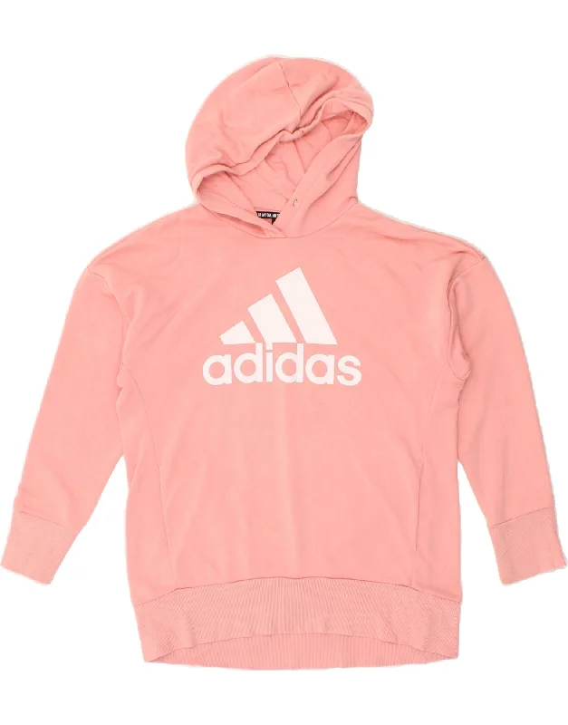 ADIDAS Womens Graphic Hoodie Jumper UK 12/14 Medium Pink Cotton Hoodie with Contrast Stitching Detailed Premium