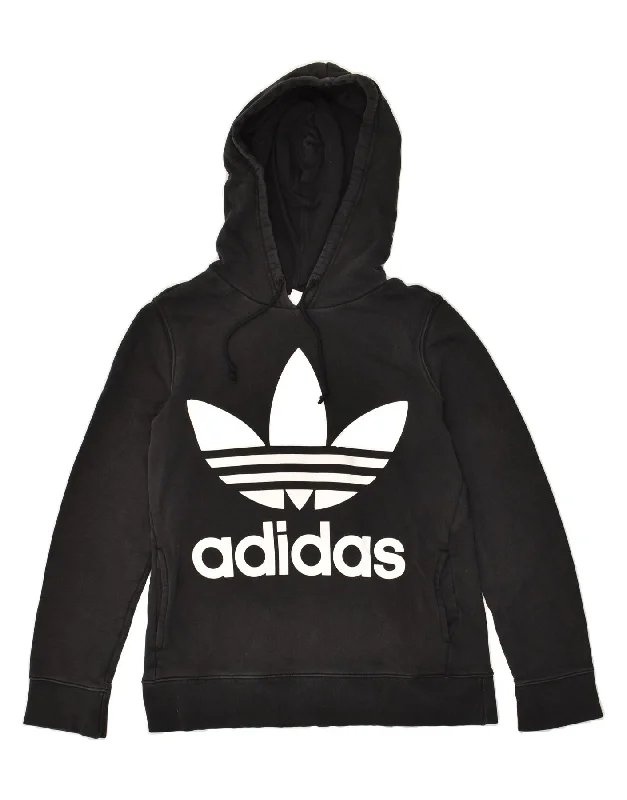 ADIDAS Womens Graphic Hoodie Jumper UK 12 Medium  Black Cotton Hoodie with Set-In Sleeves Structured Classic