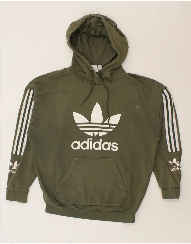 ADIDAS Womens Graphic Hoodie Jumper UK 14 Medium Khaki Cotton Hoodie with Typography Text Message