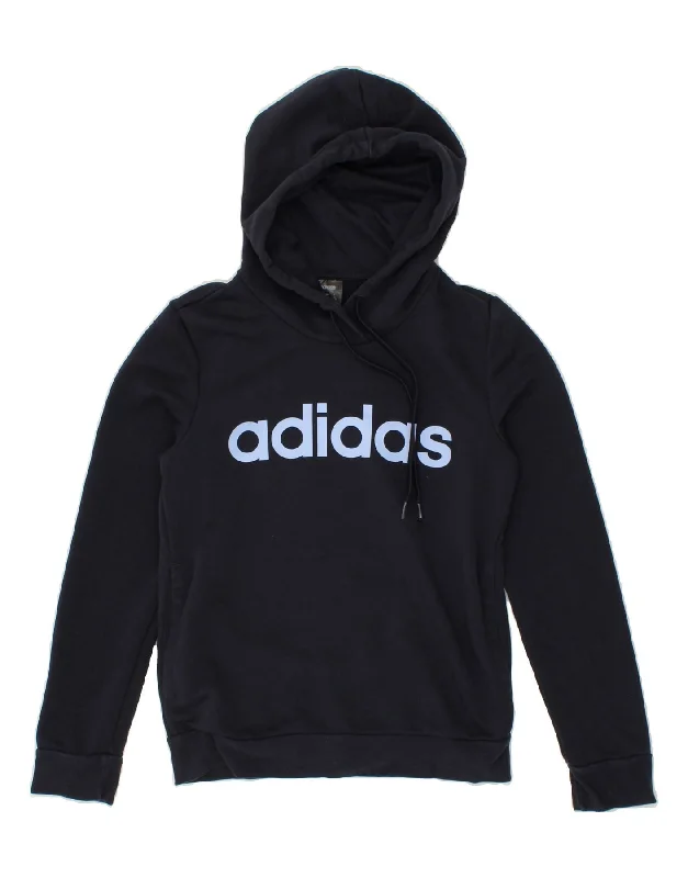 ADIDAS Womens Graphic Hoodie Jumper UK 4/6 XS Navy Blue Cotton Hoodie with Turtle Neck Cozy Winter