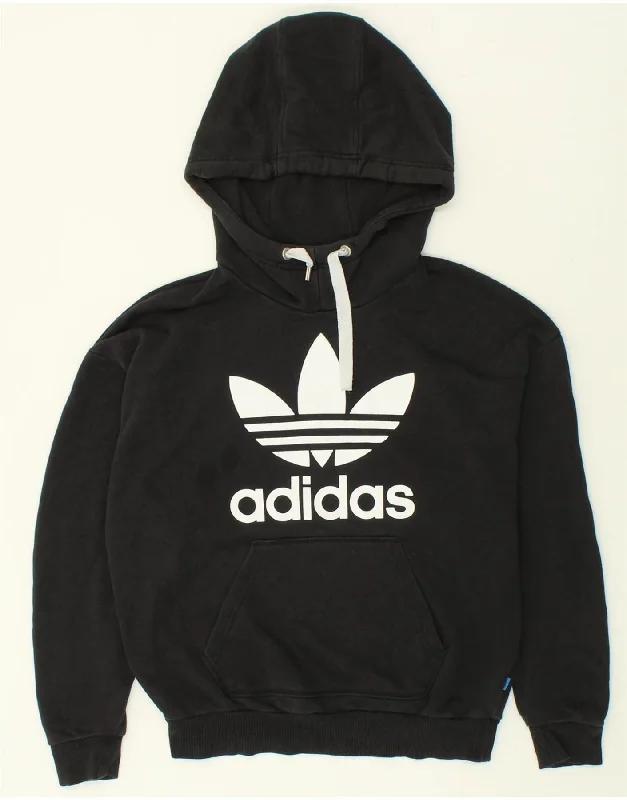 ADIDAS Womens Graphic Hoodie Jumper UK 8 Small Black Cotton Hoodie Dress Longline Feminine