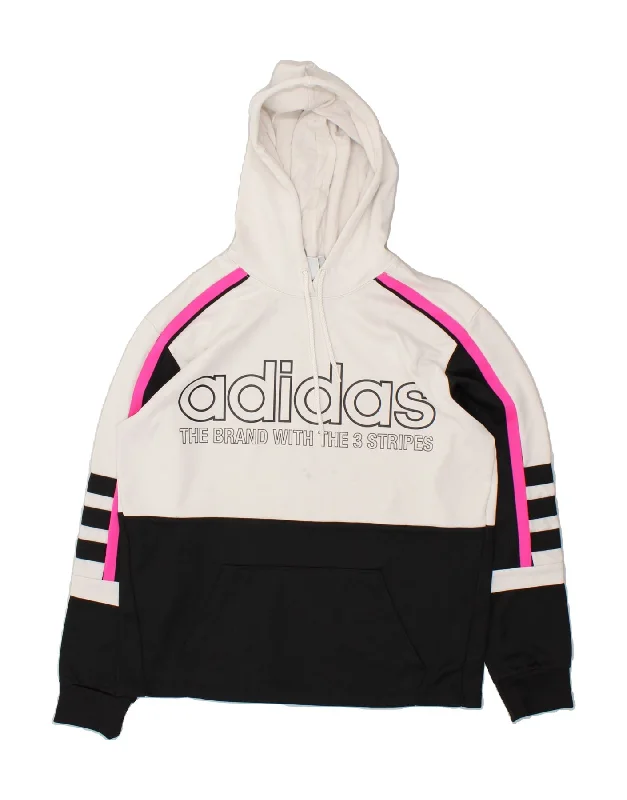 ADIDAS Womens Graphic Hoodie Jumper UK 8 Small White Colourblock Cotton Hoodie with Hem Lace Feminine Delicate