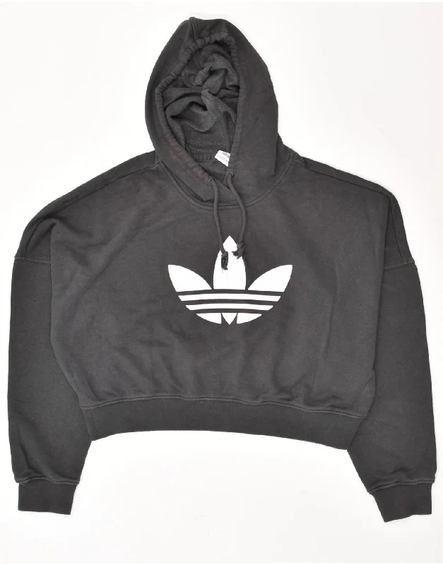 ADIDAS Womens Oversized Crop Graphic Hoodie Jumper UK 10 Small Grey Cotton Hoodie with Sequins Glamorous Eye-catching