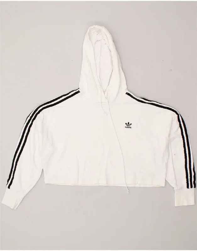 ADIDAS Womens Oversized Crop Hoodie Jumper UK 6 XS White Cotton Zip Hoodie Drawstring Kangaroo Pocket