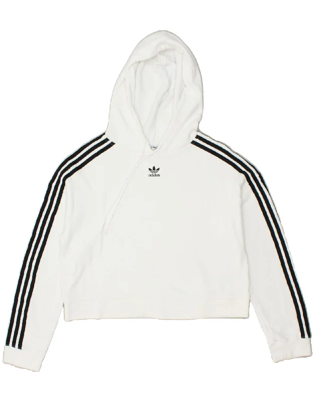 ADIDAS Womens Oversized Crop Hoodie Jumper UK 8 Small White Cotton Hoodie with Velcro Closure Adjustable Secure