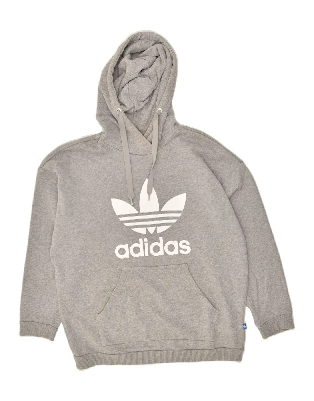 ADIDAS Womens Oversized Graphic Hoodie Jumper UK 16 Large Grey Cotton Hoodie with Drawstring Waist Adjustable Fitted