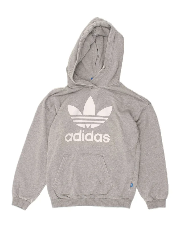 ADIDAS Womens Oversized Graphic Hoodie Jumper UK 6 XS  Grey Cotton Hoodie with Hem Applique Textured Unique