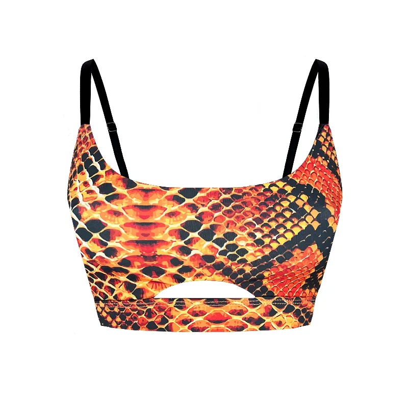 Adjustable Pole Dance Sports Bra Luna Snake Print Orange Chic Satin Bra