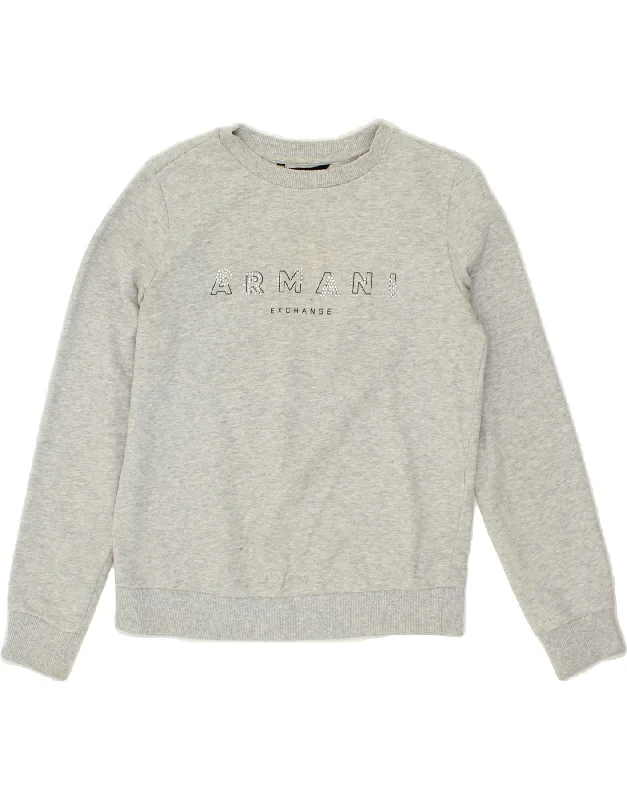 ARMANI Womens Graphic Sweatshirt Jumper UK 10 Small Grey Cotton Hoodie with Applique Textured Unique