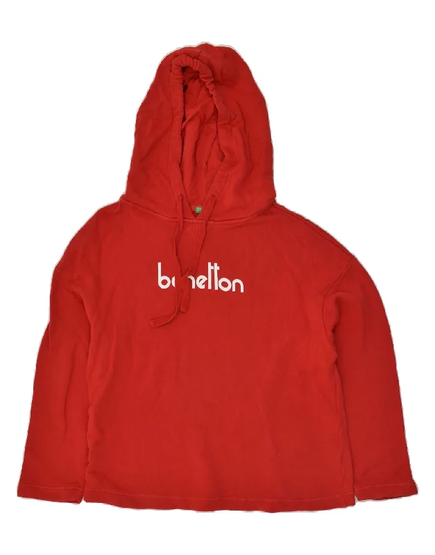 BENETTON Womens Graphic Hoodie Jumper UK 16 Large Red Cotton Hoodie with Pastel Soft Subtle