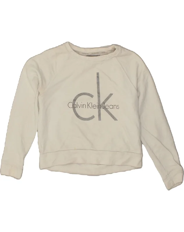 CALVIN KLEIN JEANS Womens Graphic Sweatshirt Jumper UK 6 XS White Cotton Hoodie with Exposed Zipper Edgy Industrial