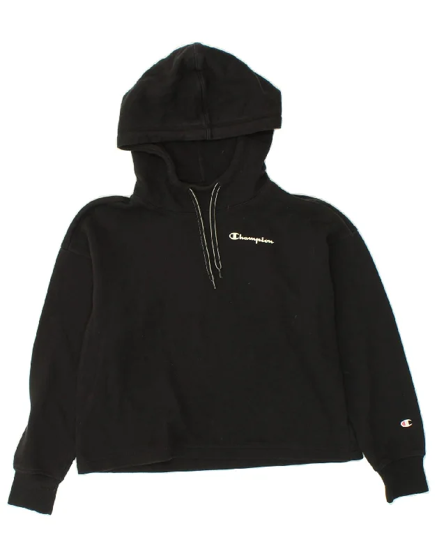 CHAMPION Womens Crop Graphic Hoodie Jumper UK 10 Small Black Cotton Hoodie with Hood Adjustable Protection