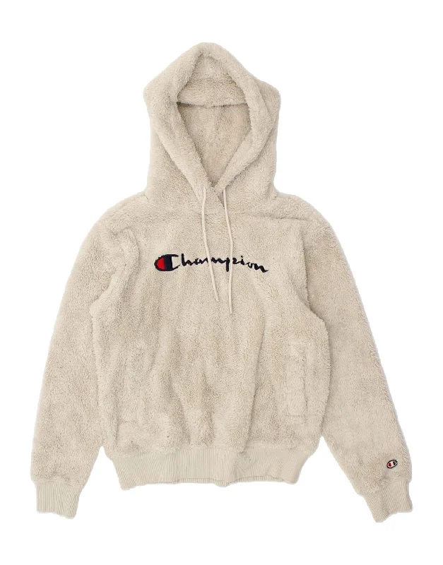 CHAMPION Womens Graphic Fleece Hoodie Jumper UK 14 Medium Grey Polyester Hoodie with Hem Drawcord Adjustable Customizable